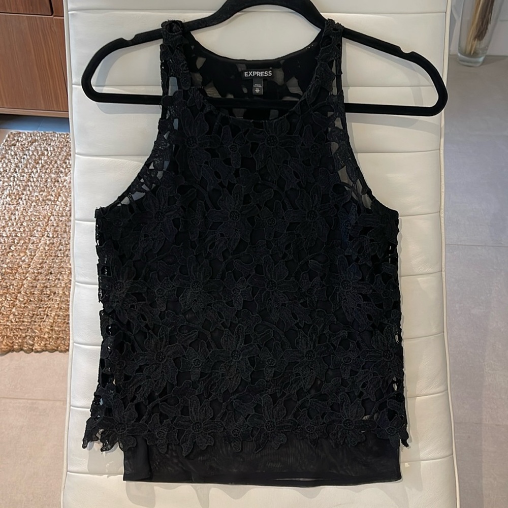 EXPRESS women XS BLACK EMBROIDERY TOP sheer double top